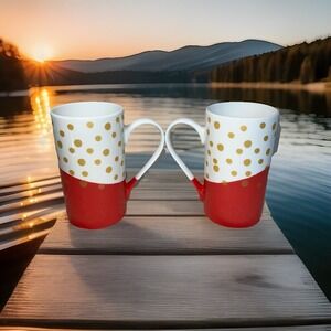 2 Clay Art Stunning Gold Polka Dots/ Deep Coral 16 oz Coffee/Tea Mugs